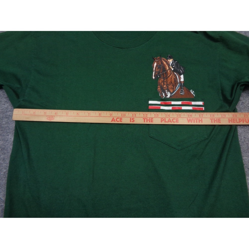 Vintage Jerzees Graphic Shirt L Green Equestrian Horse Riding Jockey Art Pocket - Picture 10 of 12